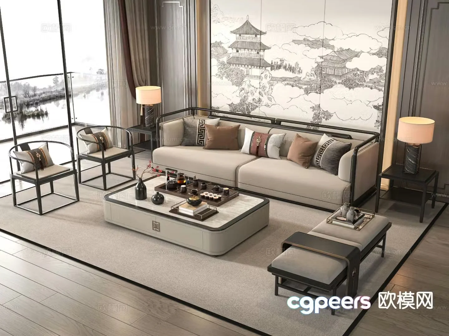 New Chinese style modular sofa 3d model