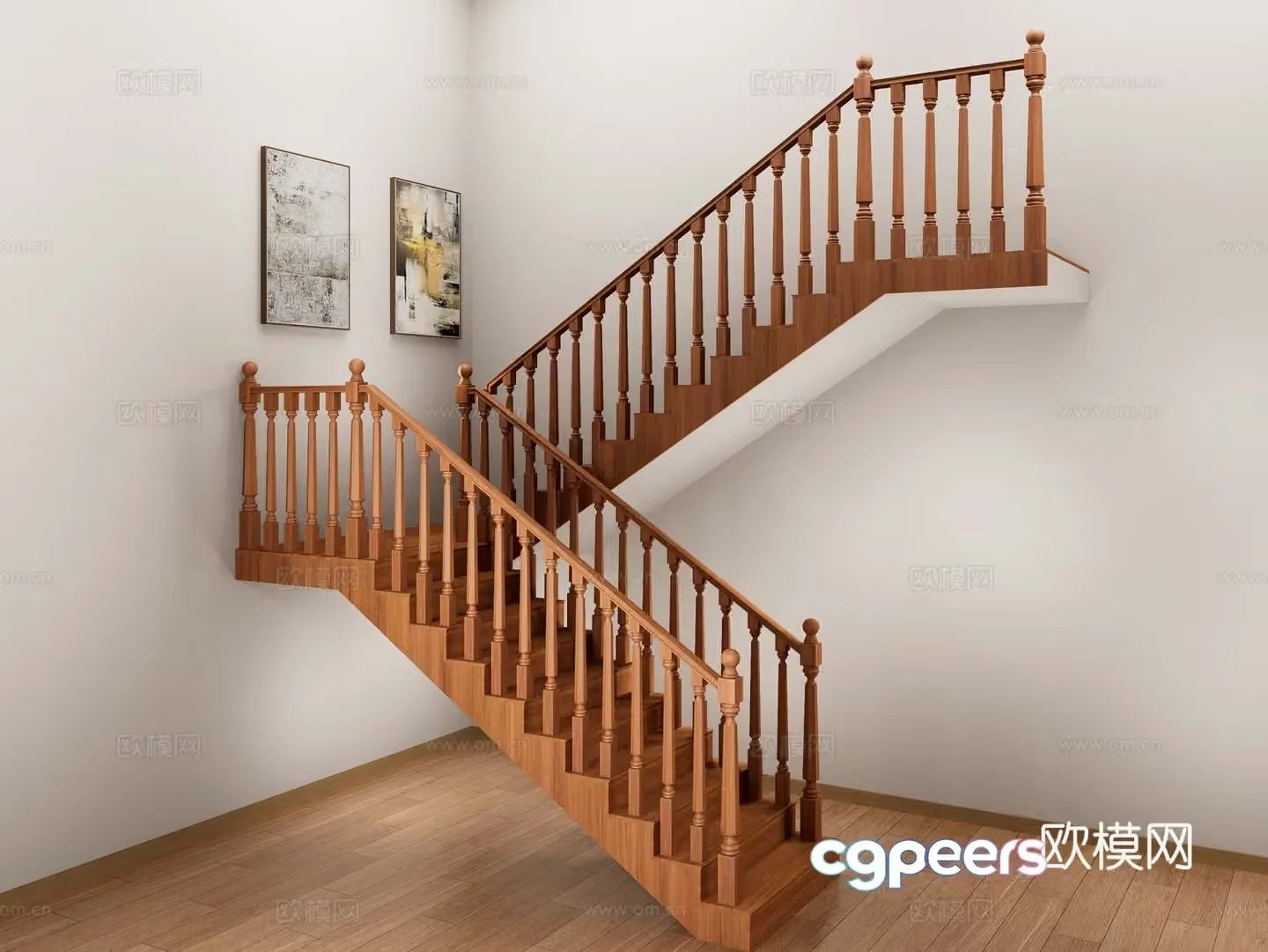 New Chinese style wooden handrail staircase corner staircase New Chinese style handrail staircase Solid wood staircase Wood 3D model