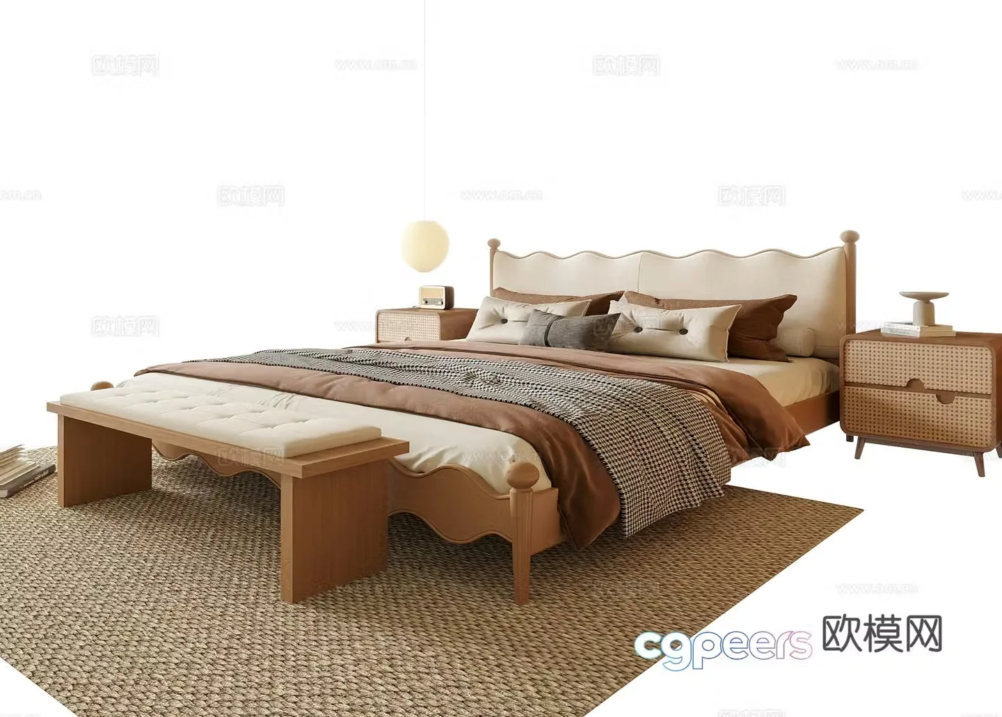 Modern double bed bed tail stool bedside table 3D model