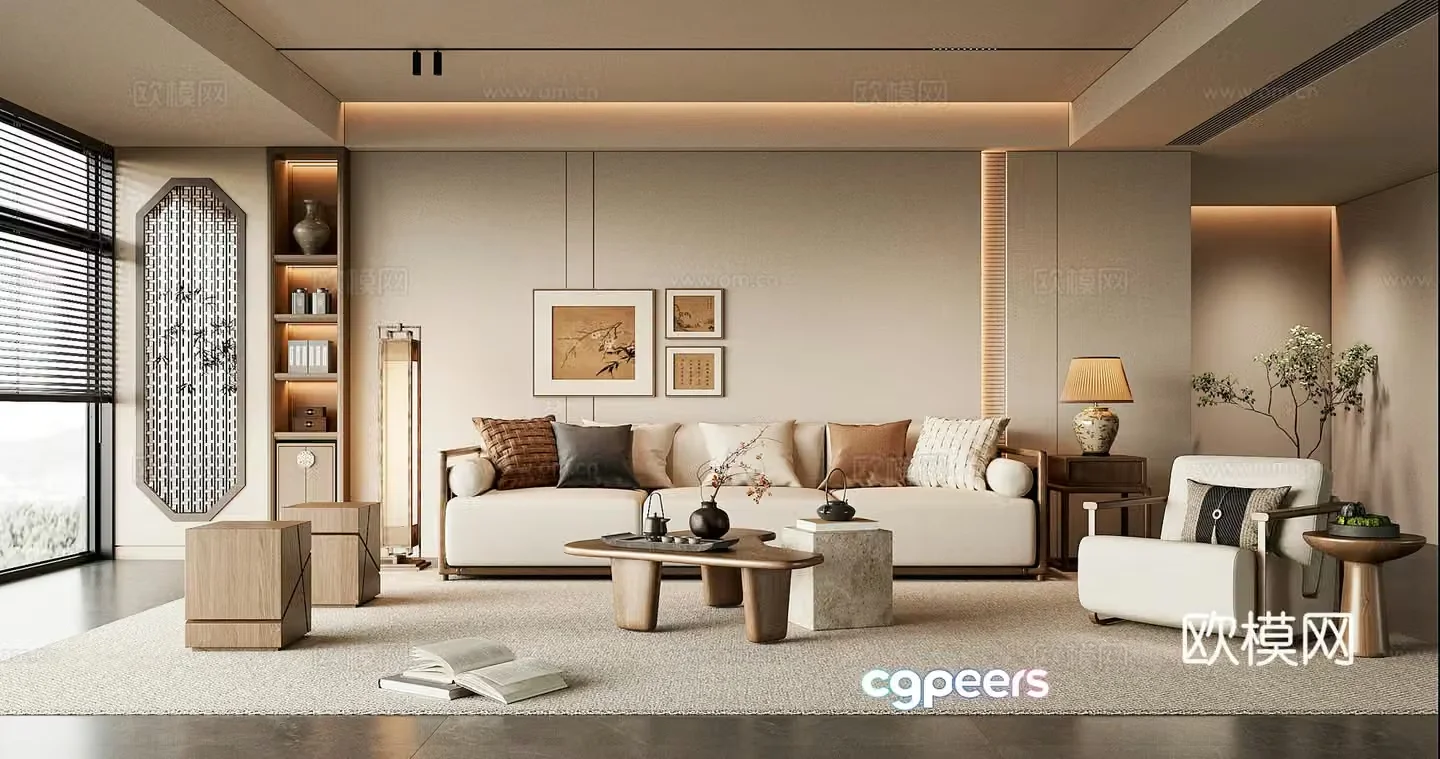 New Chinese style Song style living room sofa coffee table combination leisure chair pier sofa background wall 3D model
