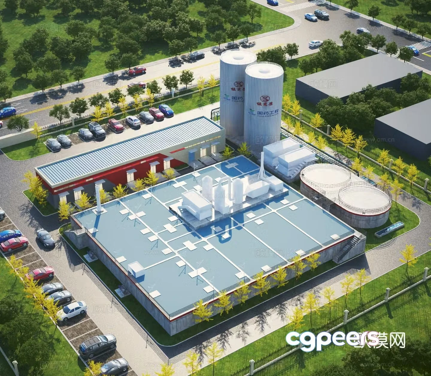 Aerial view of sewage treatment plant industrial park 3D model