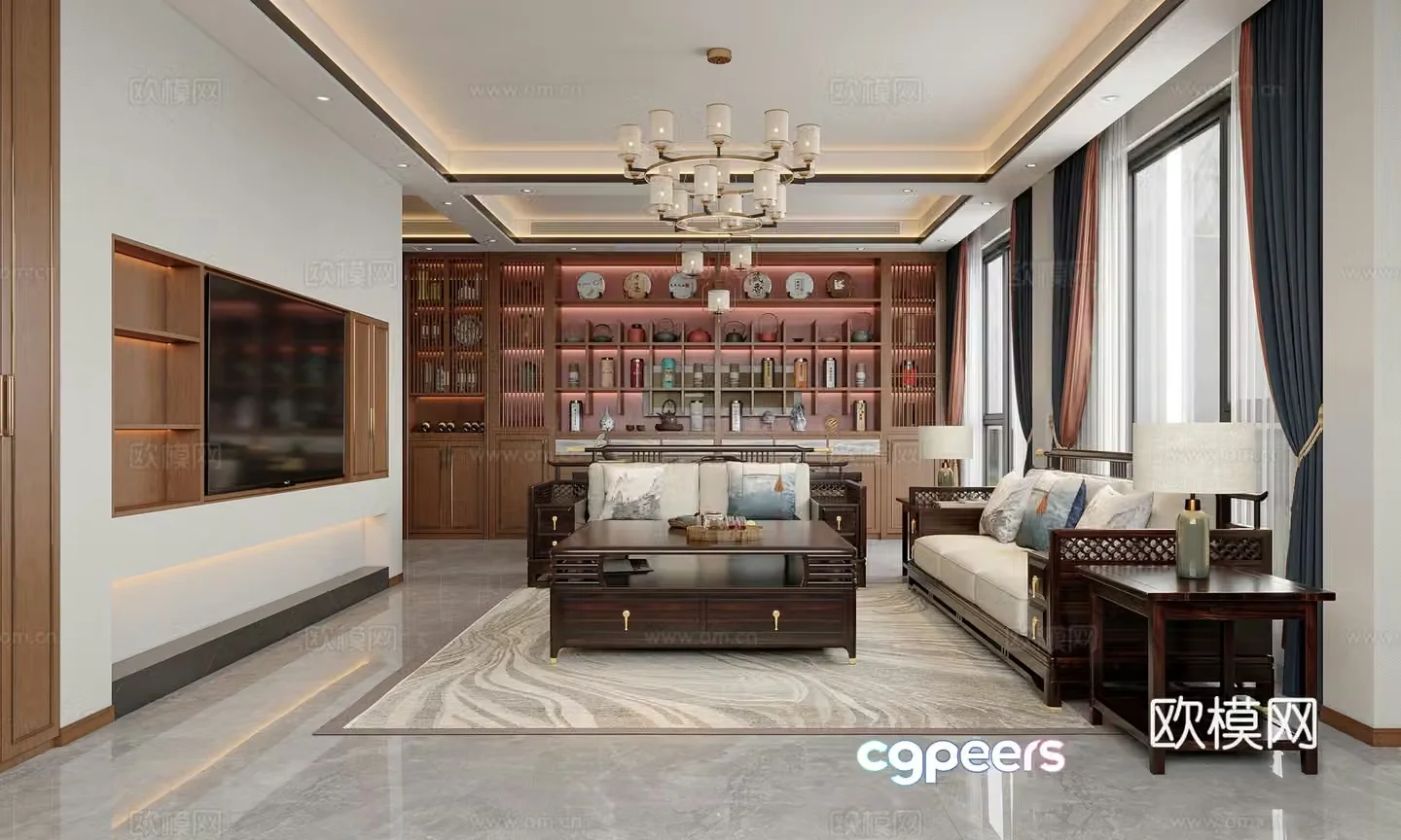 New Chinese living room combination sofa solid wood furniture mahogany furniture tea cabinet wine cabinet 3D model