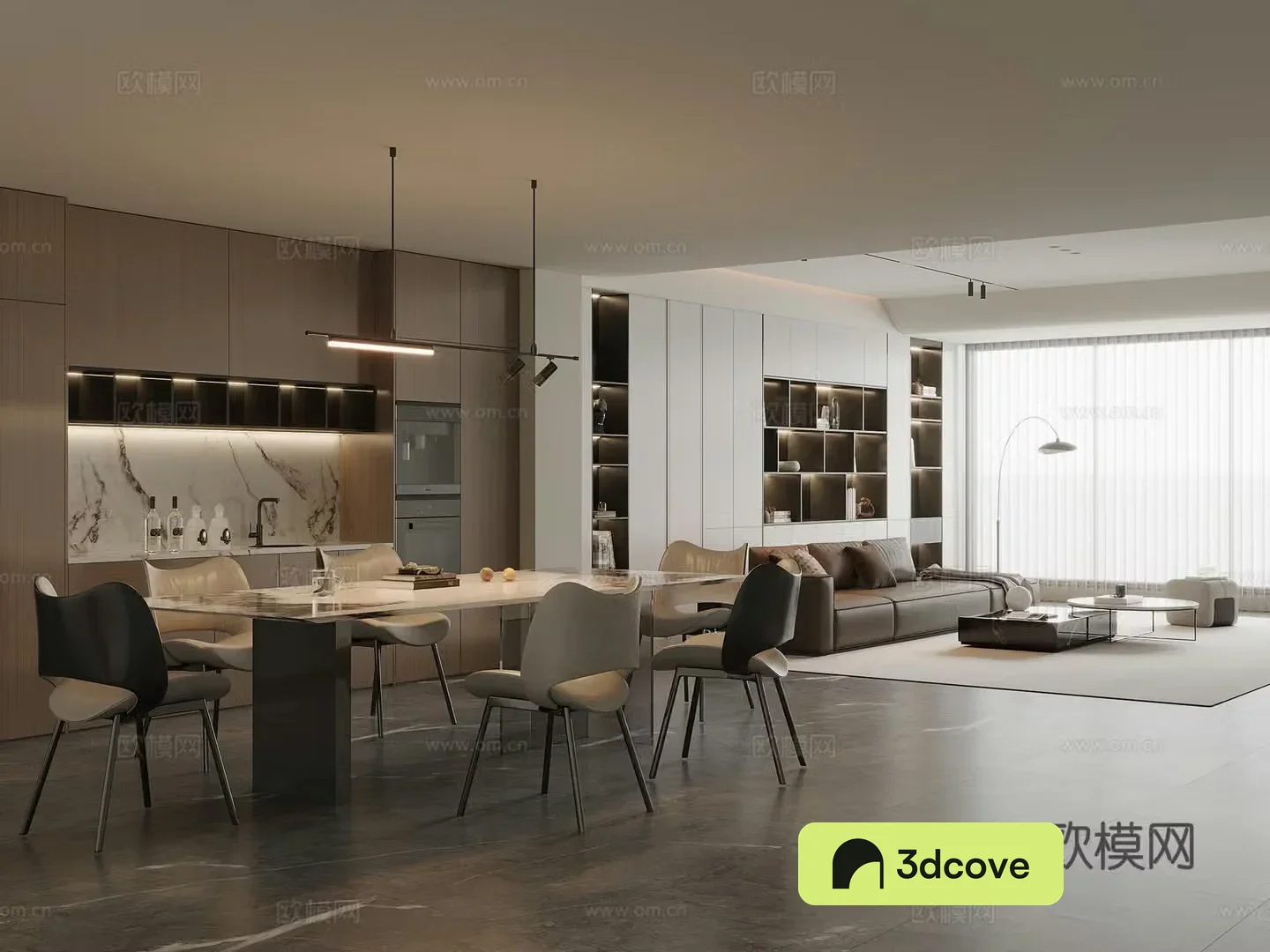 Modern Italian dining room marble dining table and chairs sideboard wine cabinet leather sofa coffee table combination