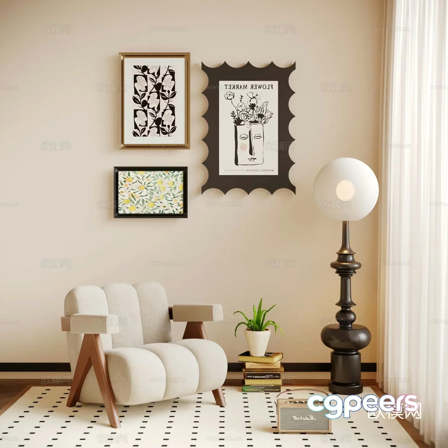 Jijifeng Middle-aged leisure chair Fabric leisure chair Single sofa Wooden sofa Floor lamp 3D model