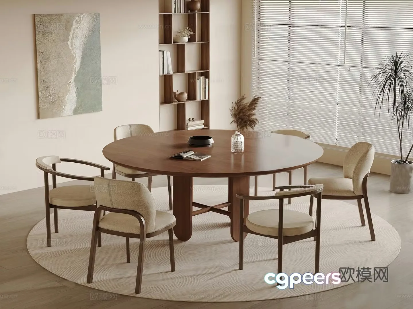 Wasabi Medium-old Dining Table and Chair_Solid Wood Round Dining Table and Chair_Backrest Dining Chair_Rand Armature Dining Chair_Vase Ornament 3D Model