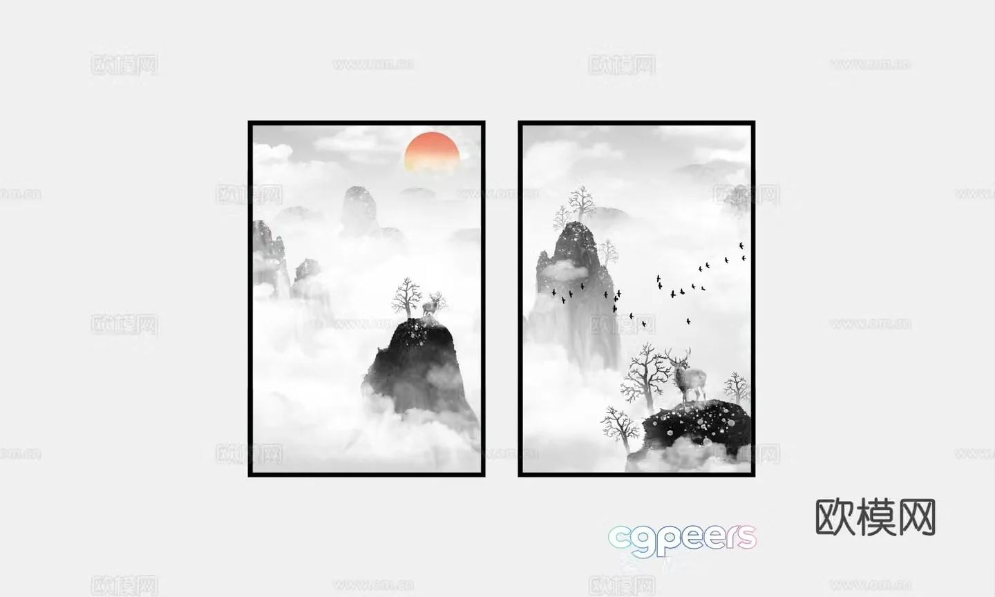 New Chinese style decorative painting landscape painting hanging painting 3D model
