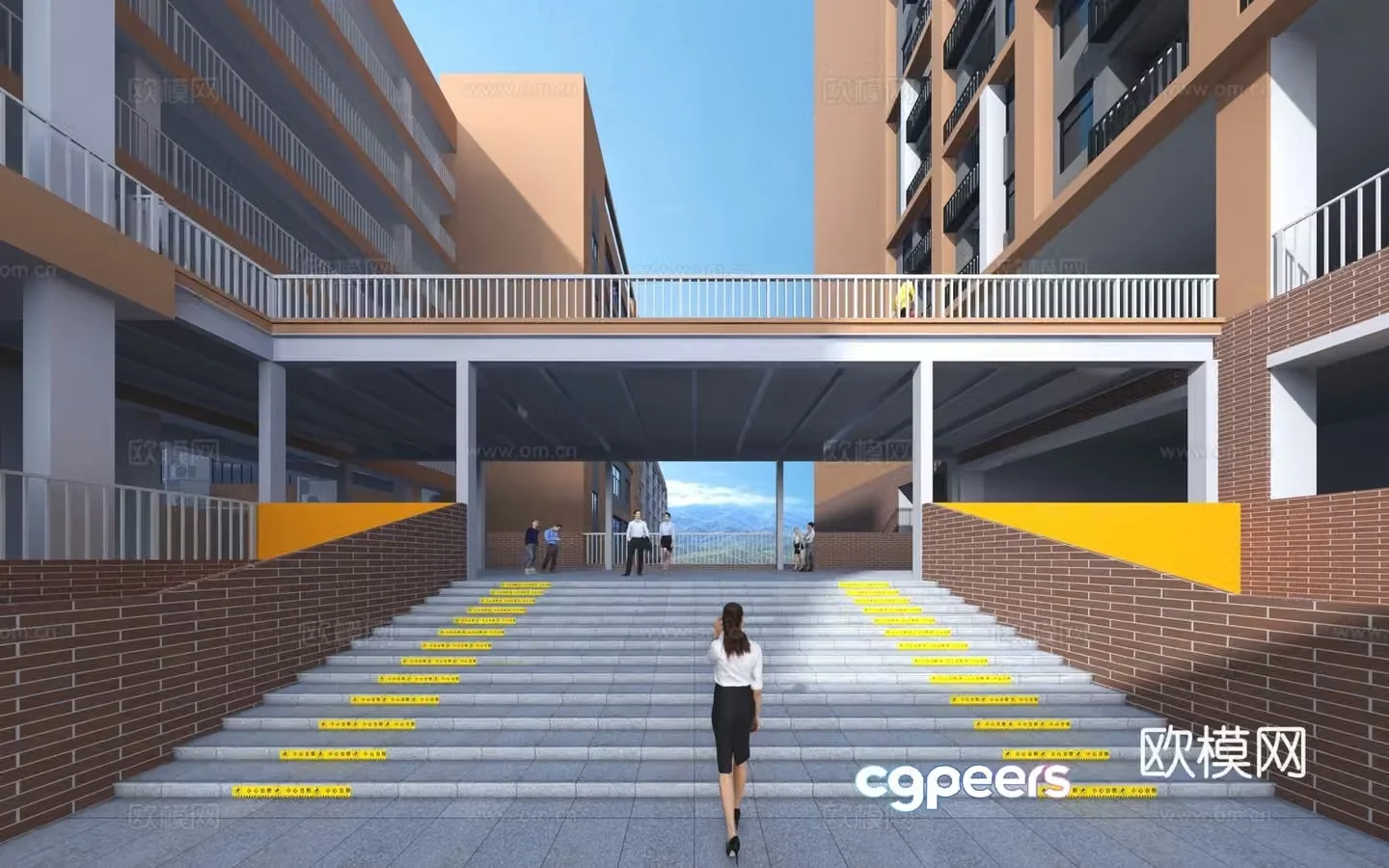 Steel structure corridor steps school building 3d model