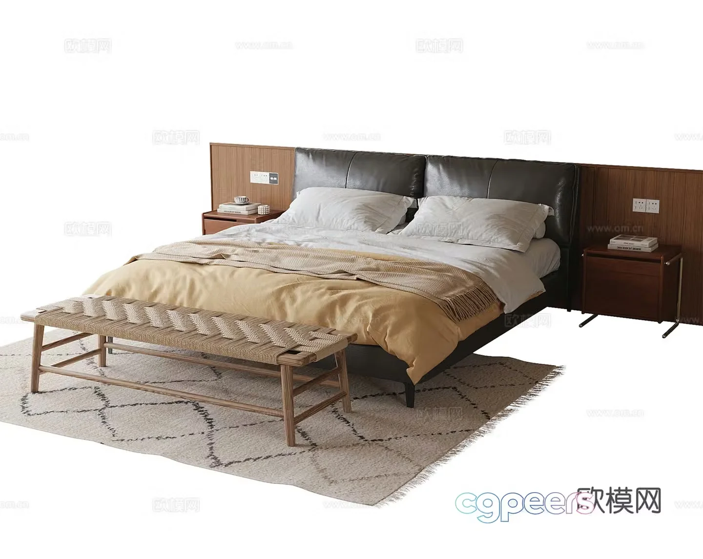 Modern double bed nightstand bed tail stool 3d model