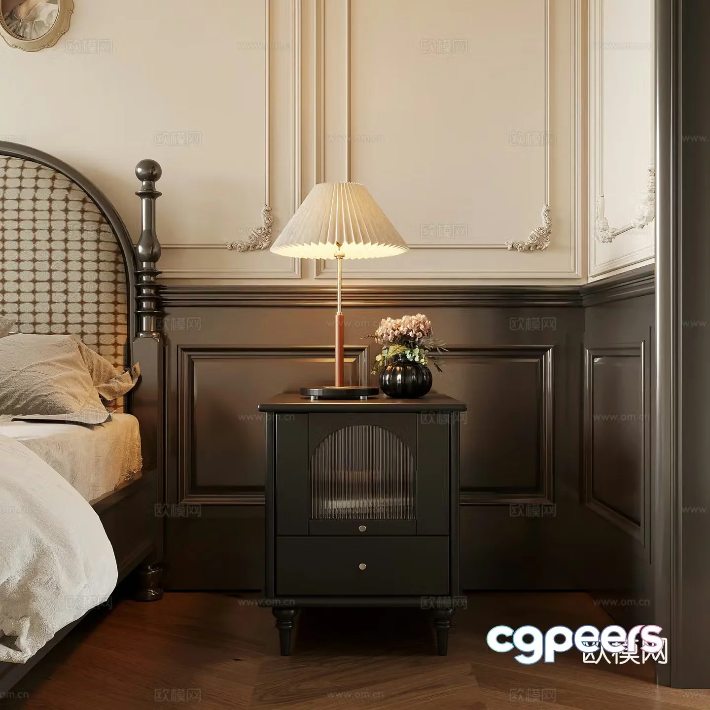 French retro style bedside table lamp flower 3d model