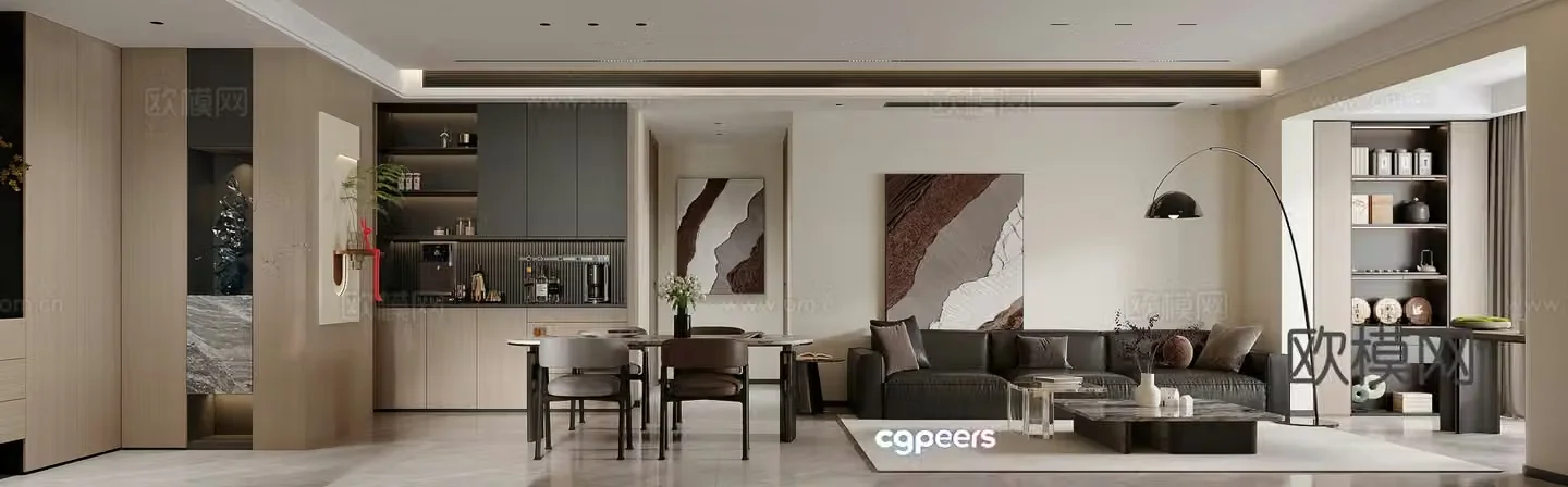 Modern living and dining room high-end gray living room combined sofa dining table Italian living and dining room Italian living room 3d model