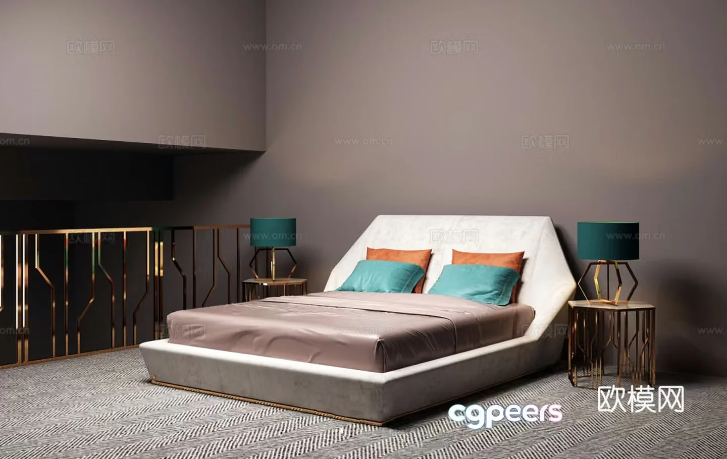 Modern double bed nightstand Nordic double bed combination 3D model
