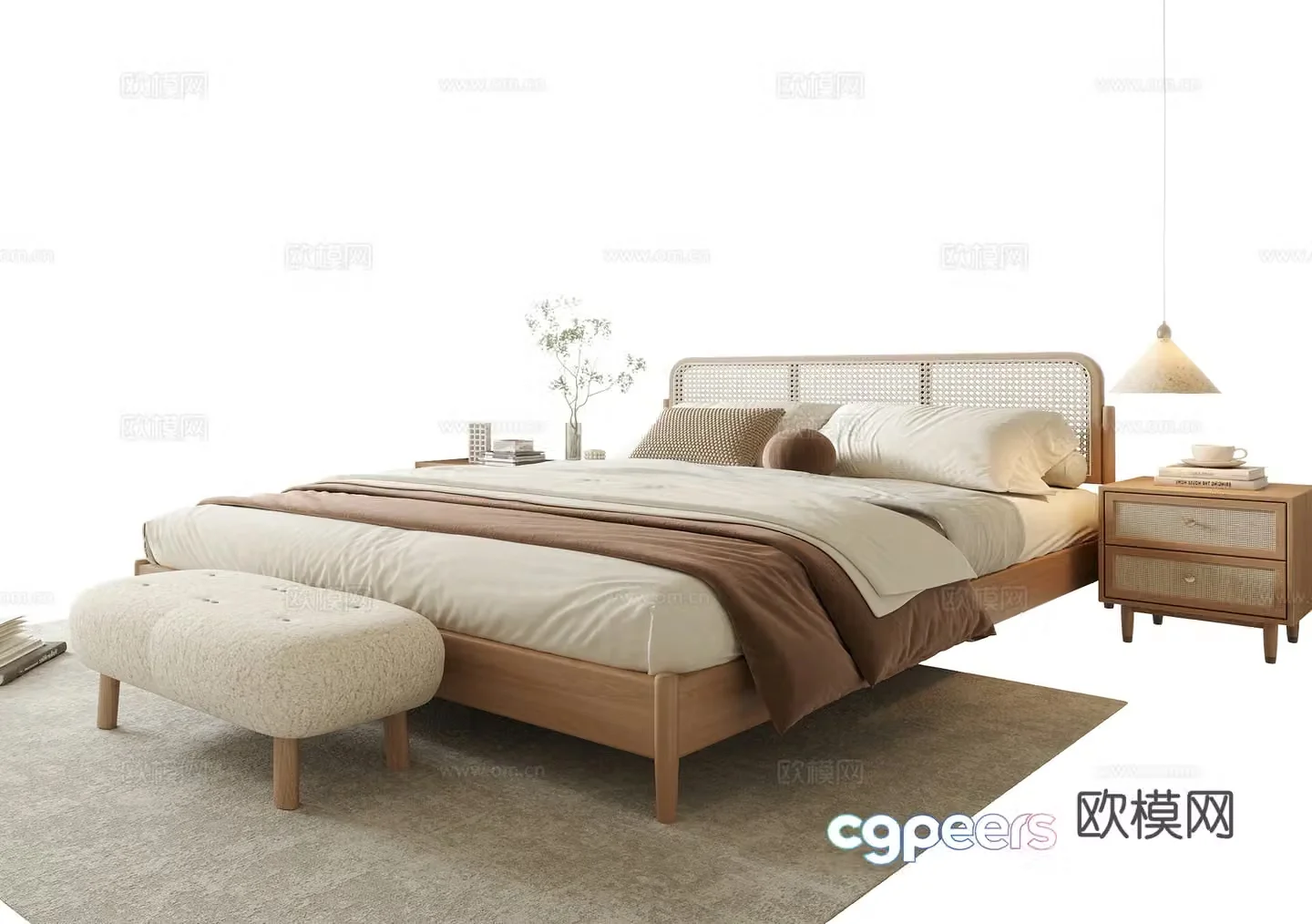 Modern double bed nightstand bed tail stool 3d model