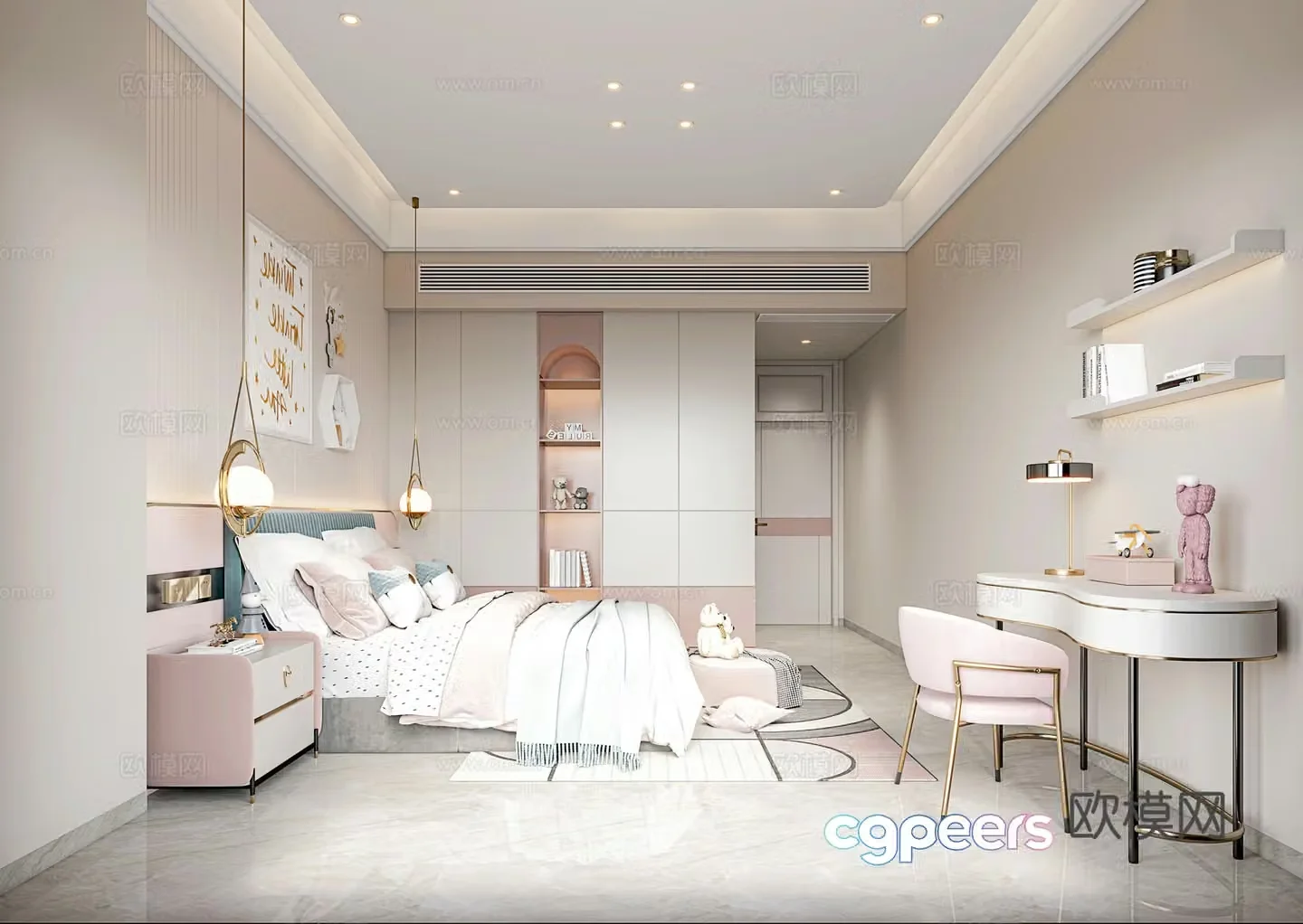 New Chinese style girl room bedside table table and chair combination ornaments girl room 3d model