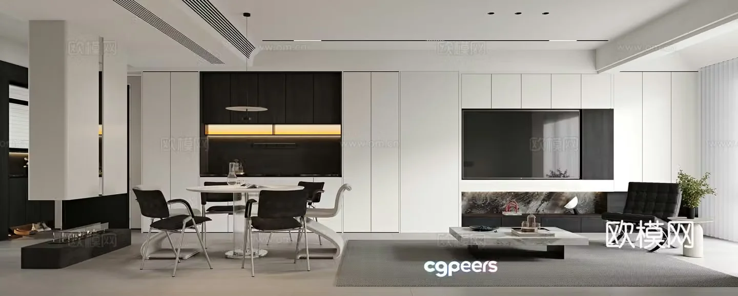Modern living and dining room 3d model