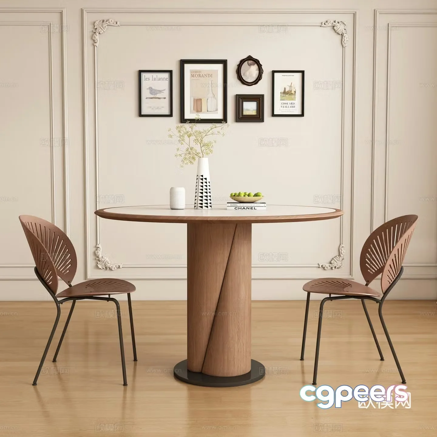 Modern French restaurant dining table and chair 3d model