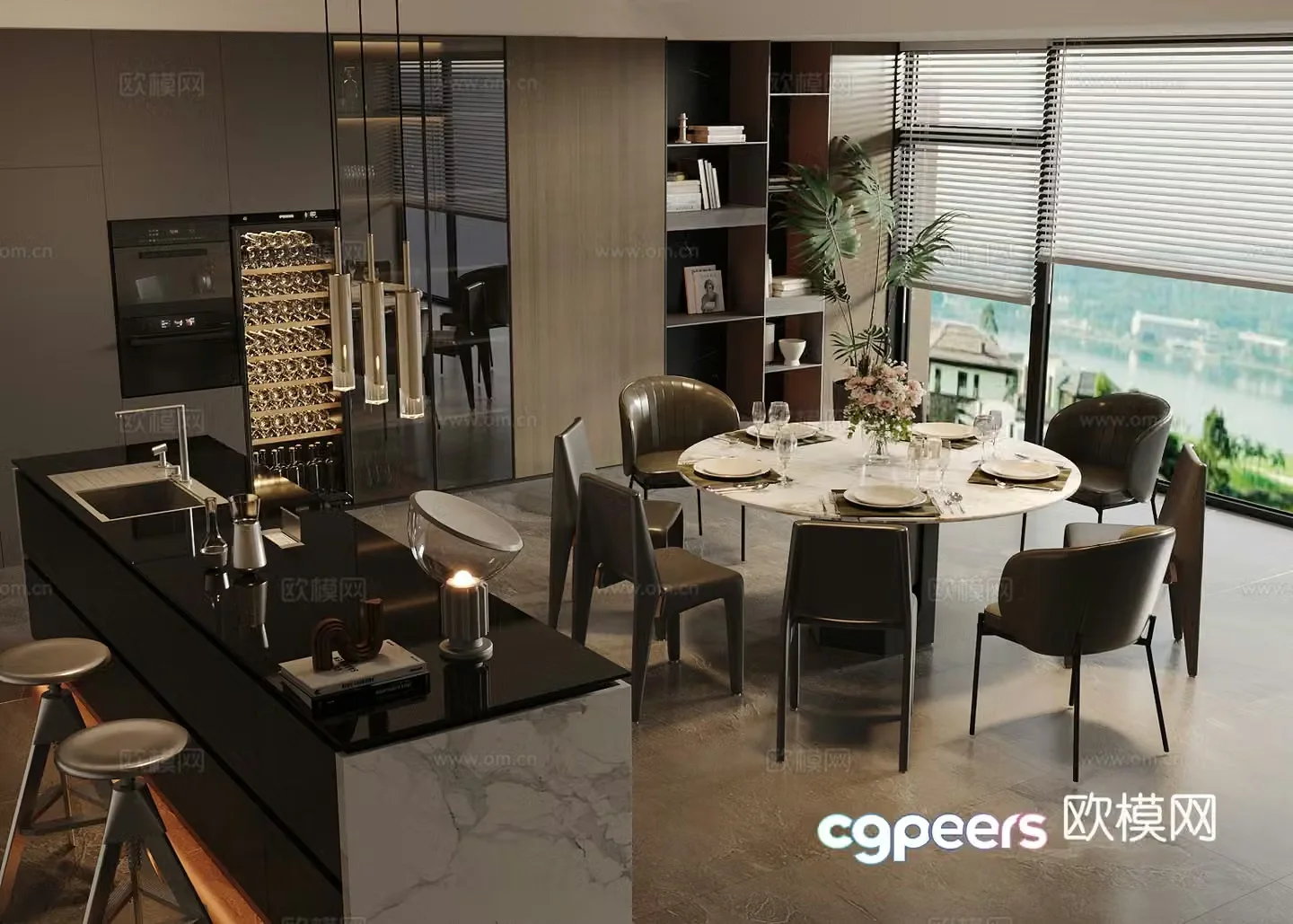 Modern Italian home restaurant Light luxury Italian restaurant Round table restaurant Island restaurant Black white and gray 3D model