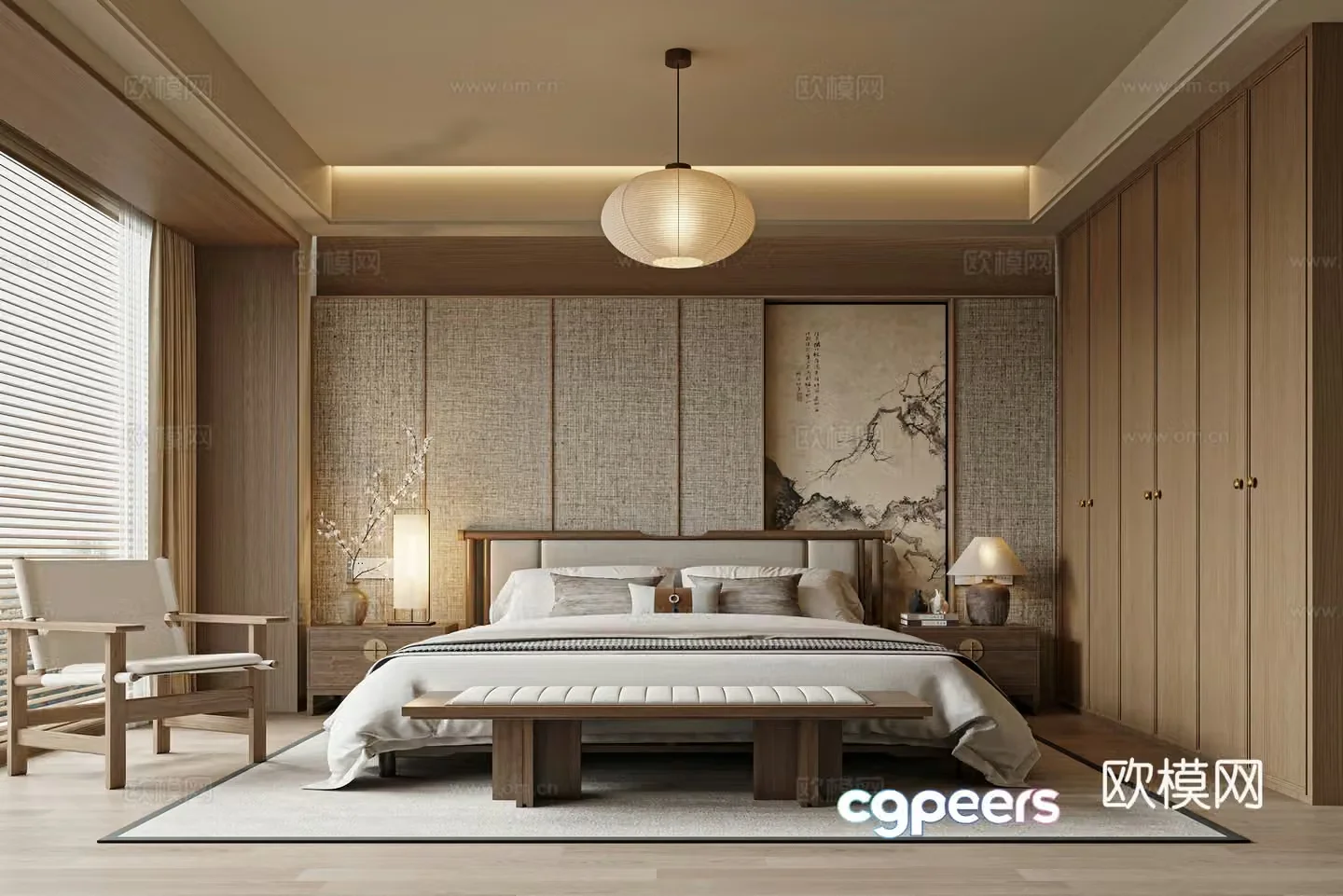 New Chinese Zen Bedroom Song Family Bedroom Bedroom Background Wall Double Bed 3D Model