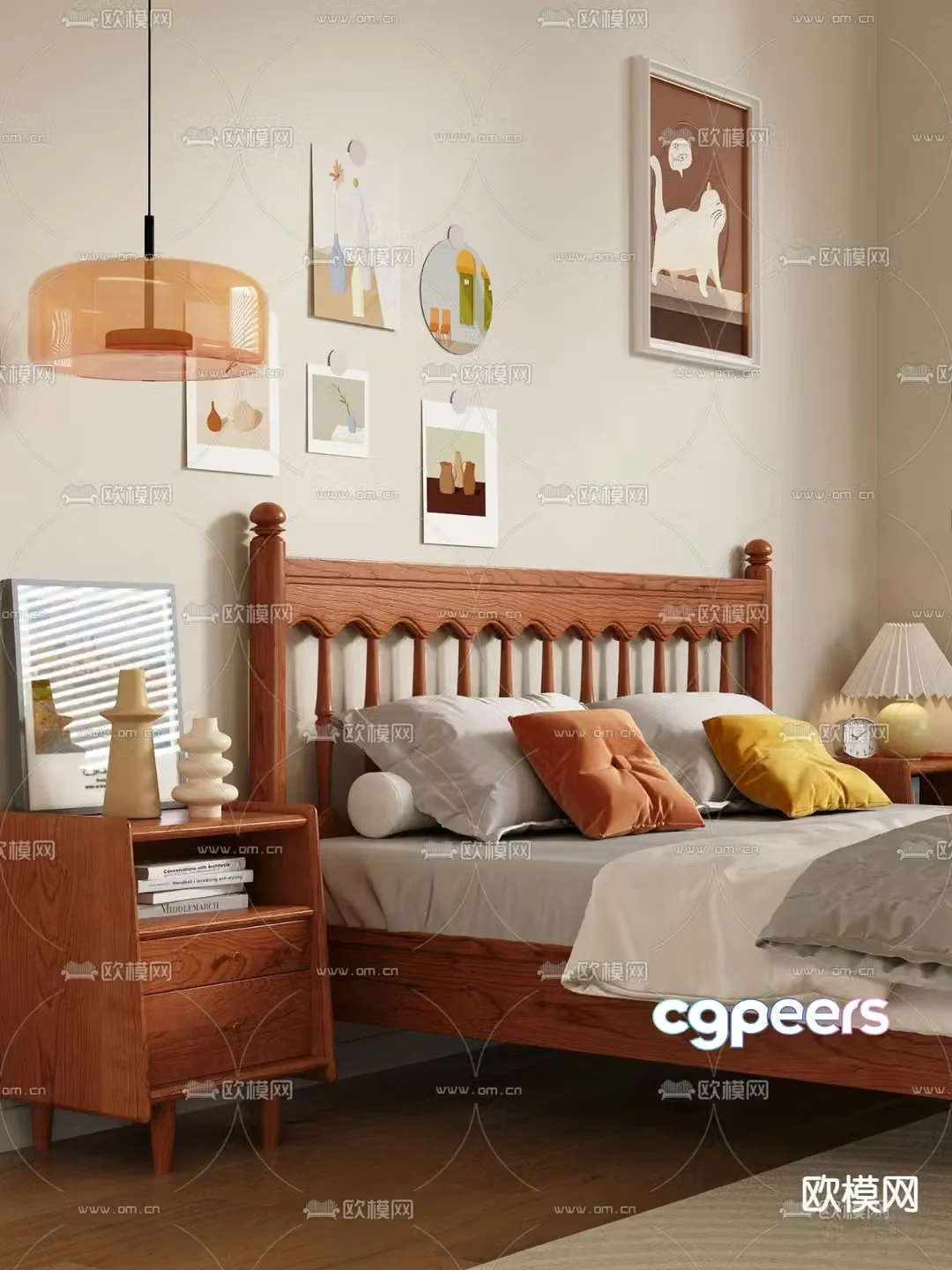 Double bed solid wood bed 3d model