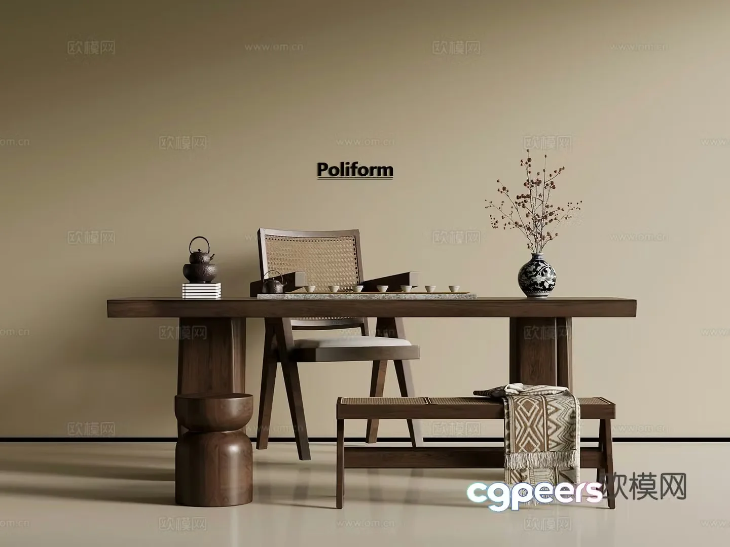 Middle-aged tea table and chairs tea table tea set 3D model