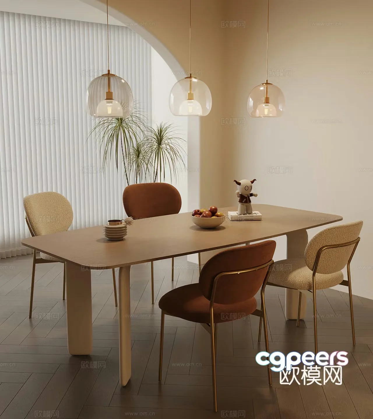 Modern Cream Style Restaurant Dining Table and Chair Chandelier 3D Model