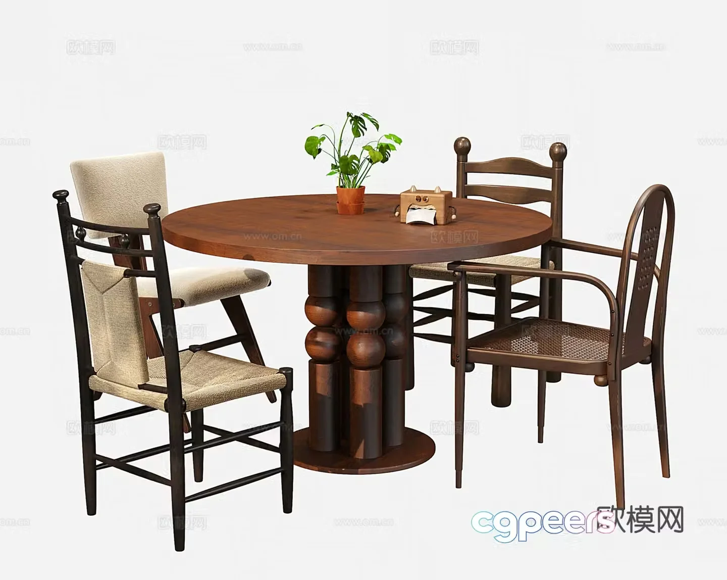Medium-old dining table and chairs Wavia round dining table and dining chair 3D model