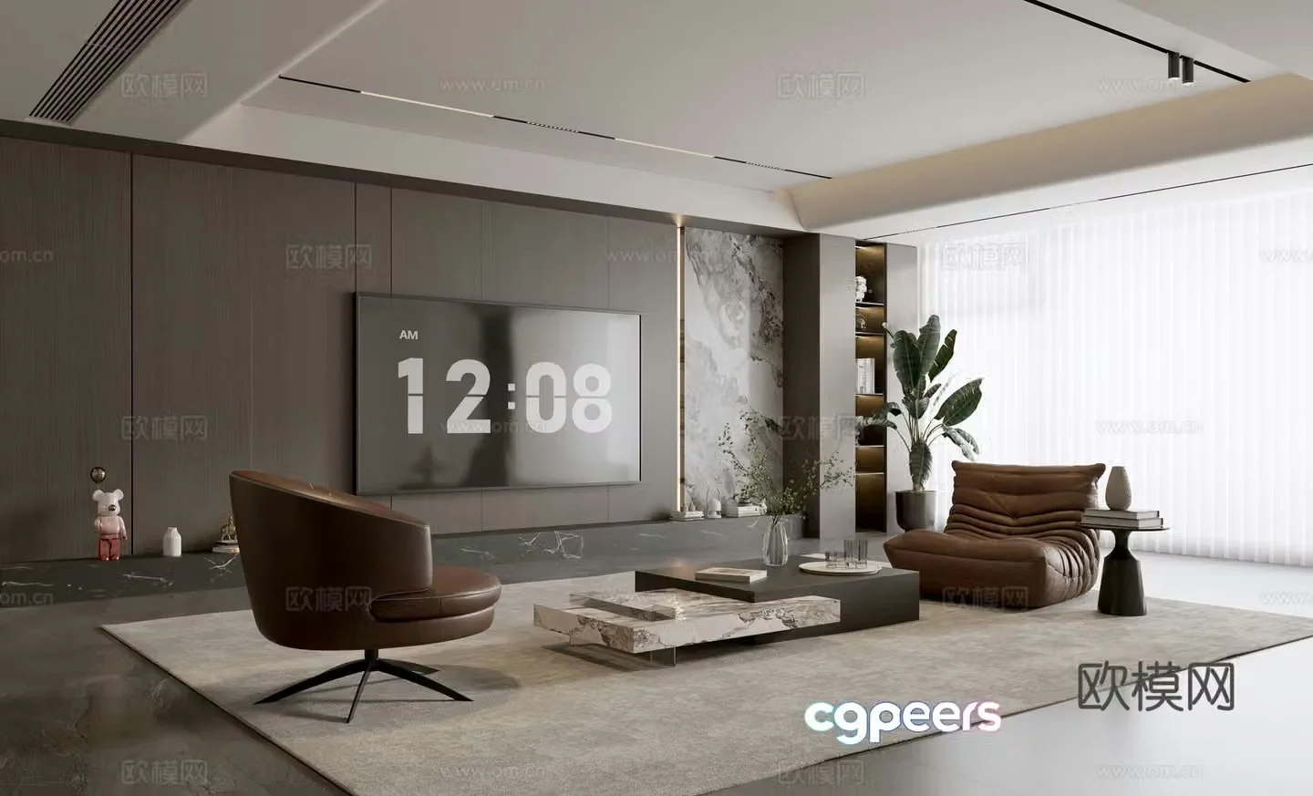 Italian living room sofa coffee table combination leisure chair floor lamp sofa stool decoration hanging painting 3D model