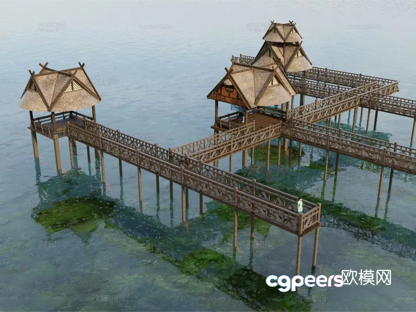 New Chinese style retro pavilion ethnic style pavilion thatched pavilion water plank road plank road trail 3d model