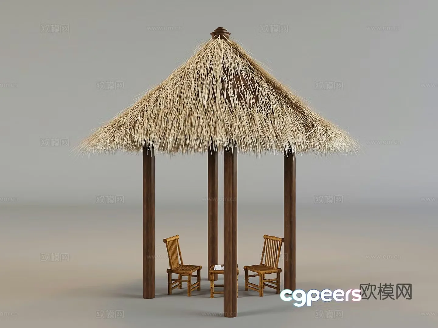 Chinese thatched hut rest pavilion thatched gazebo landscape pavilion bamboo table and chair 3D model