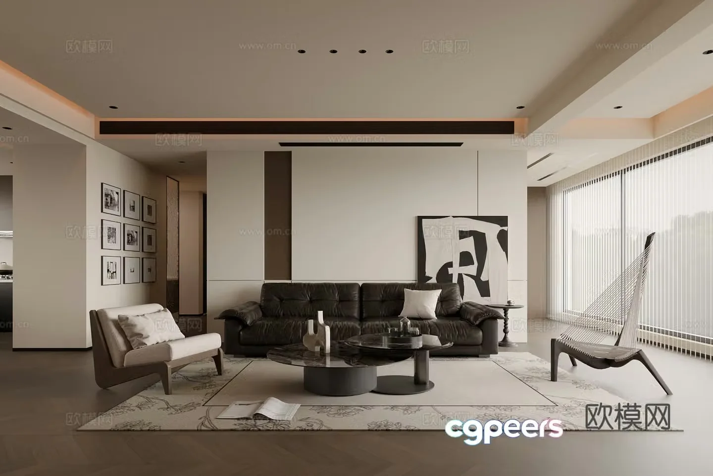 Italian medieval sofa background wall hanging painting black leather sofa single chair combination painting 3D model