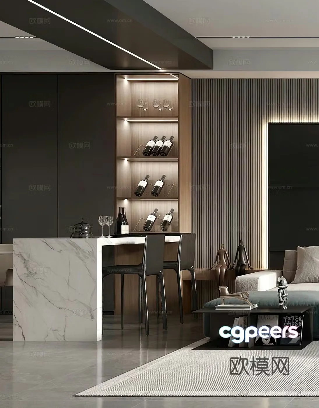 Modern restaurant island wine cabinet Italian restaurant black and white gray living restaurant dark style bar 3d model