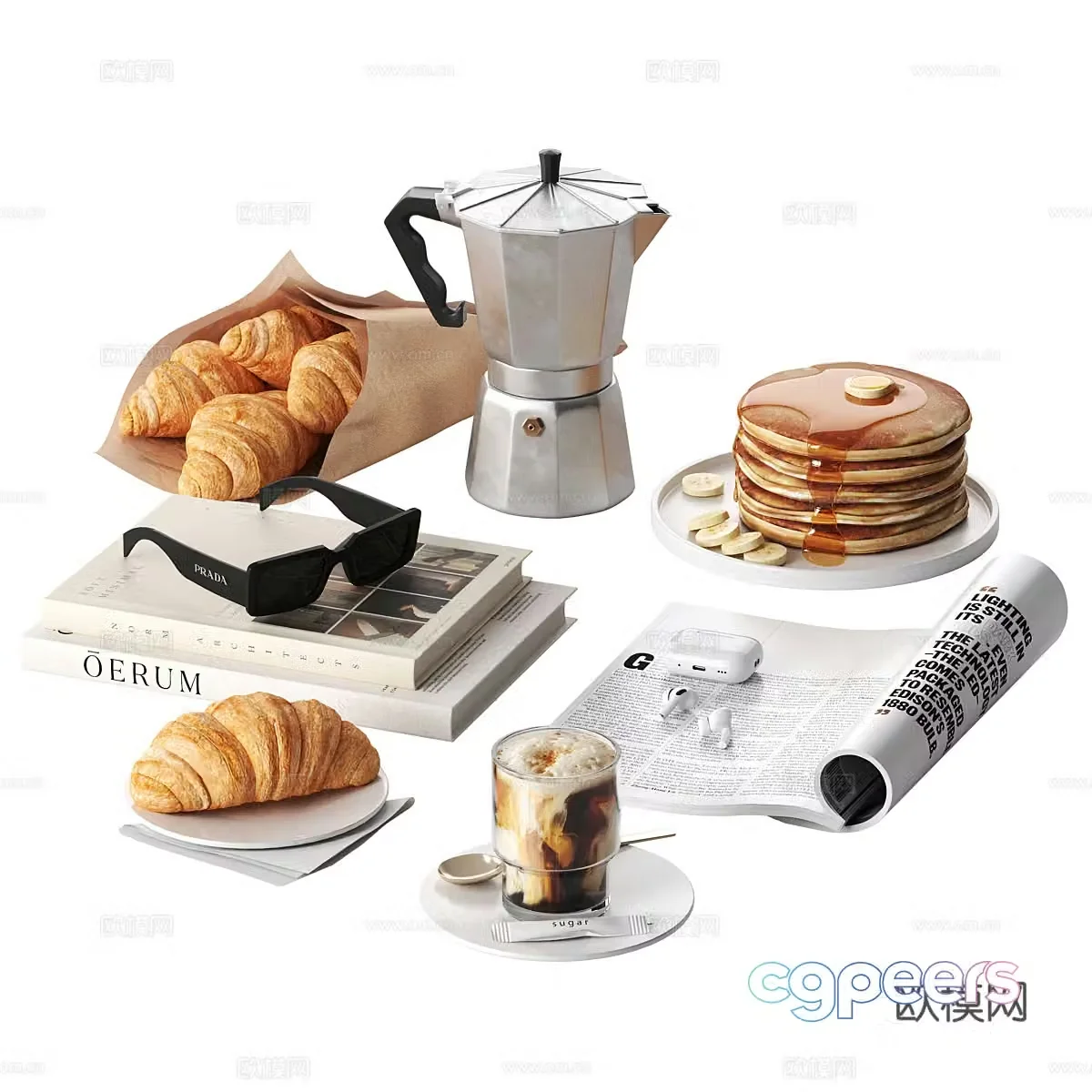 Desktop decorations bread tea books 3d model