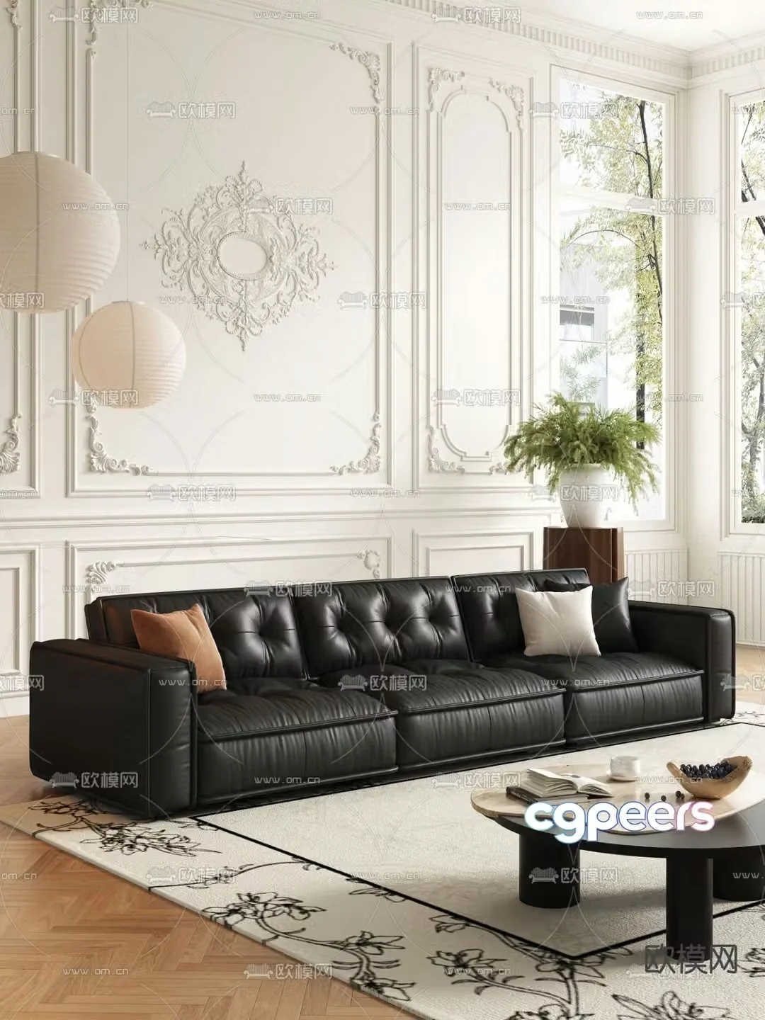 French three-seat sofa leather sofa 3d model