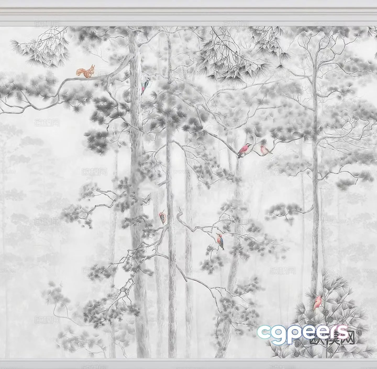 New Chinese style mural background wall plant wallpaper 3d model