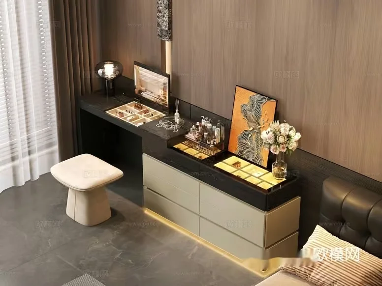 A Makeup Vanity With A Black And Gold Color Scheme 3D Model – 3042 – CORONA Render
