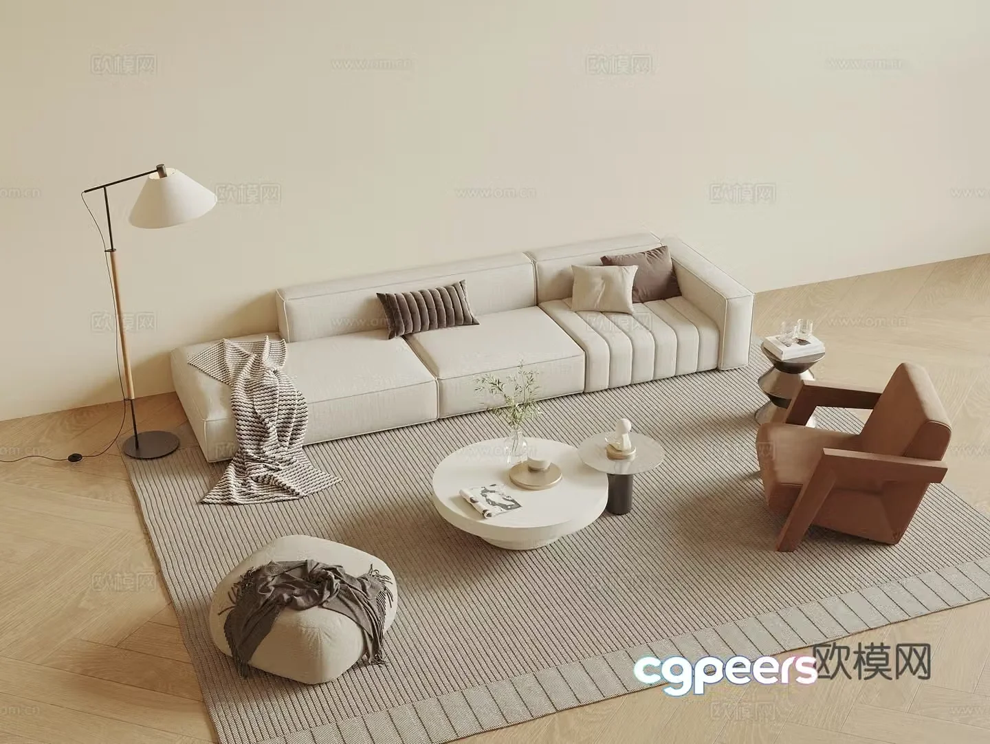 Modern cream style sofa coffee table combination three-person sofa single sofa floor lamp sofa stool 3D model