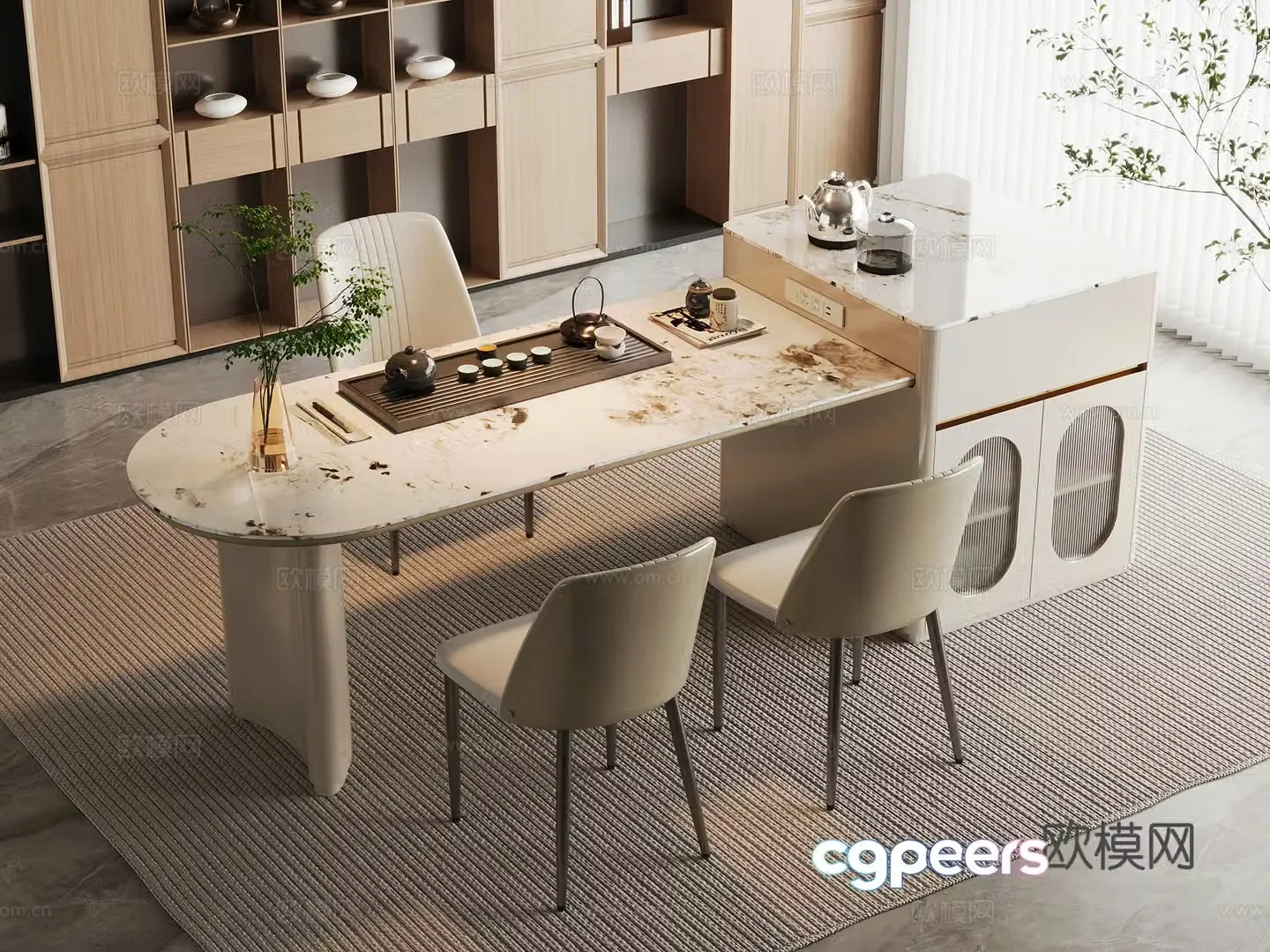 Modern tea table and chairs light luxury marble tea table and chair combination rock-pan tea table and tea table water boiling table 3D model