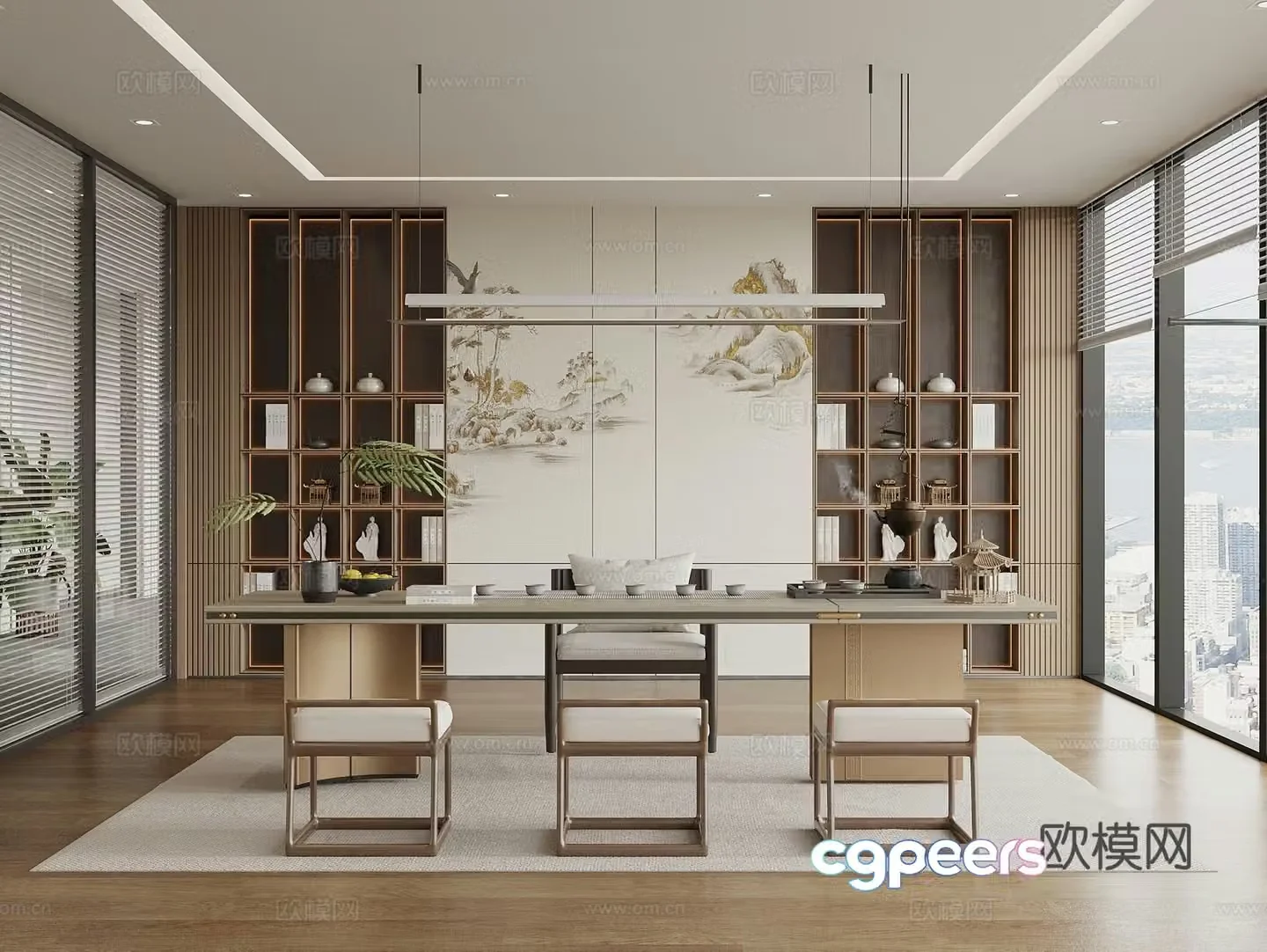 New Chinese style tea room tea table and chair tea room cabinet office tea room bookcase office chandeliers 3D model