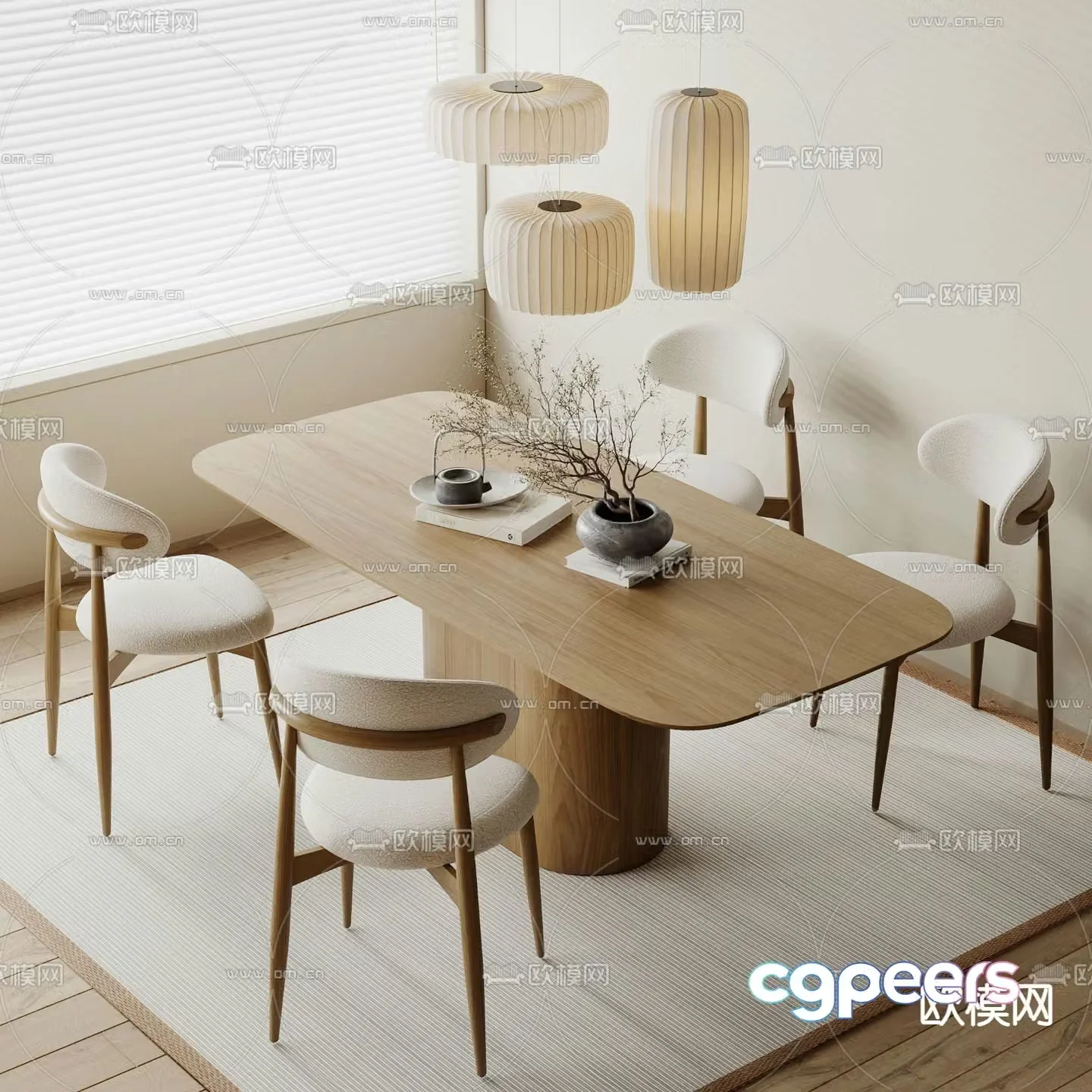 Wabi-sabi dining table and chairs strip dining table 3d model