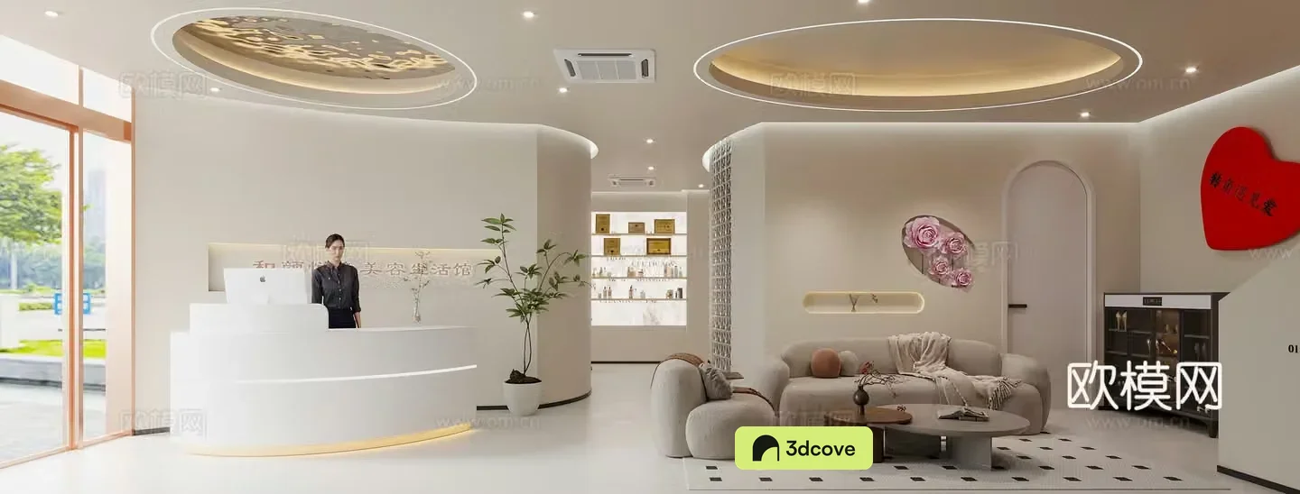 Creamy beauty salon hall front desk leisure check-in area conference table spa aisle entrance