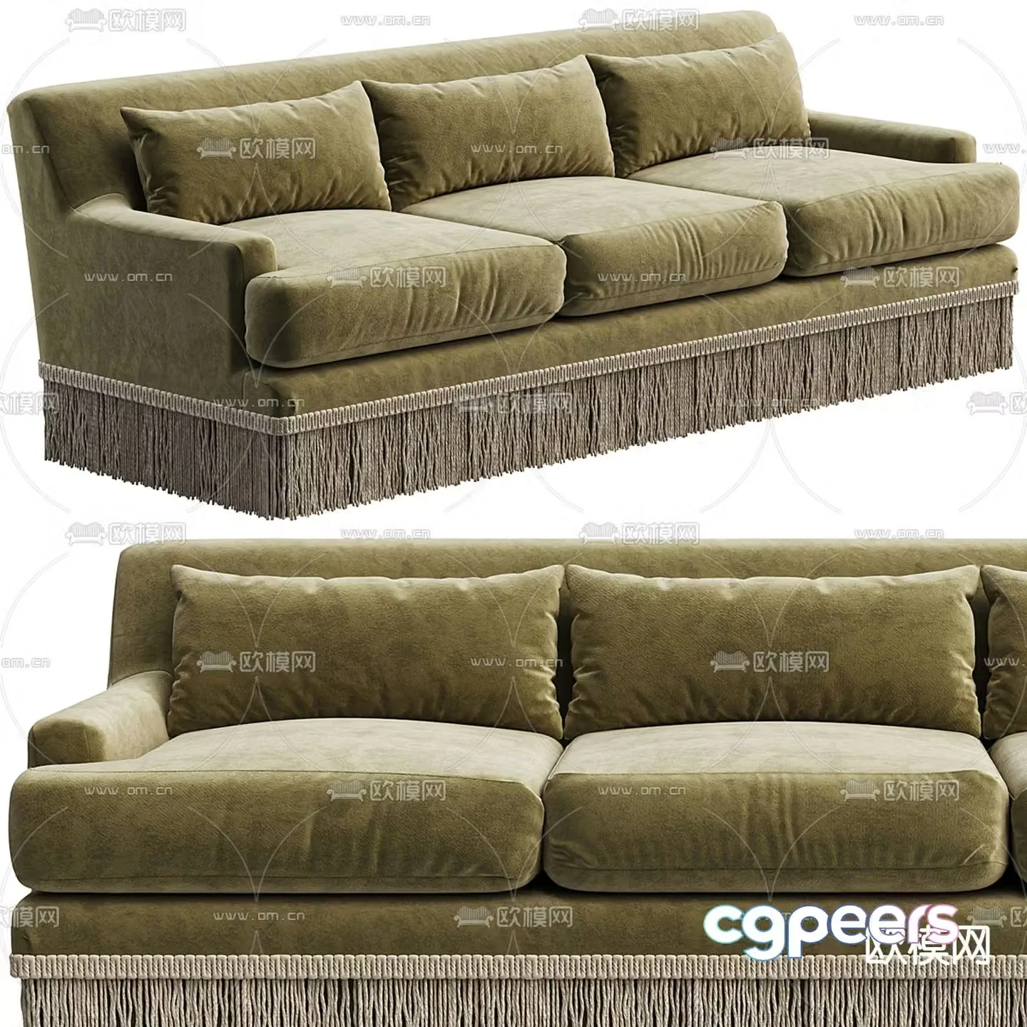 Tassel fabric sofa three seater sofa 3d model