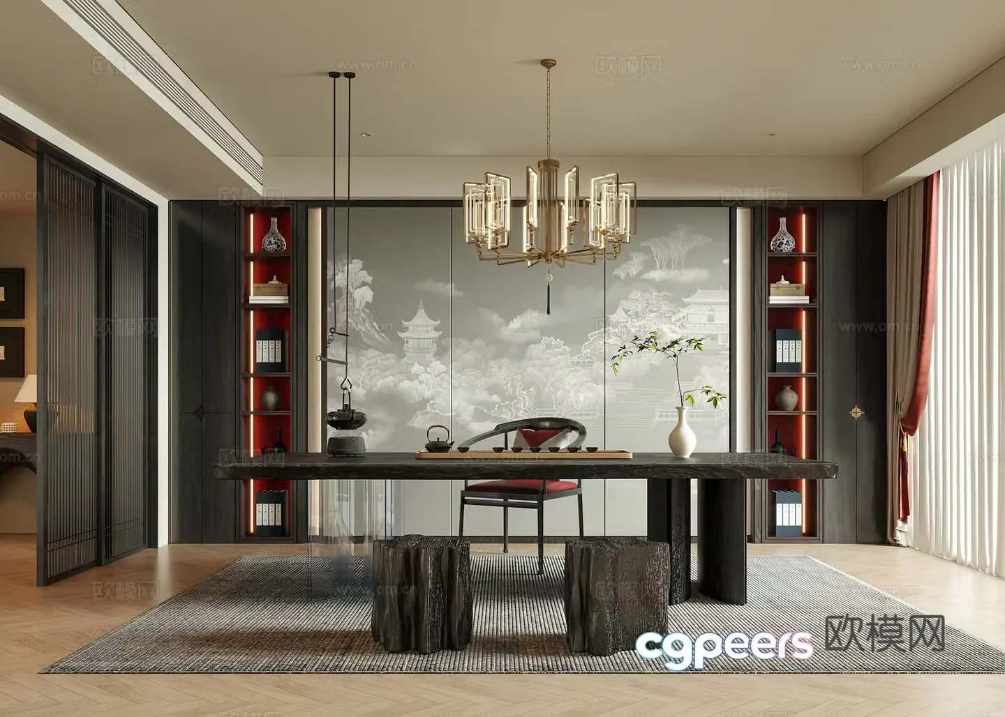 New Chinese style tea room Study room Tea table and chairs Desk and chair New Chinese style chandelier 3D model