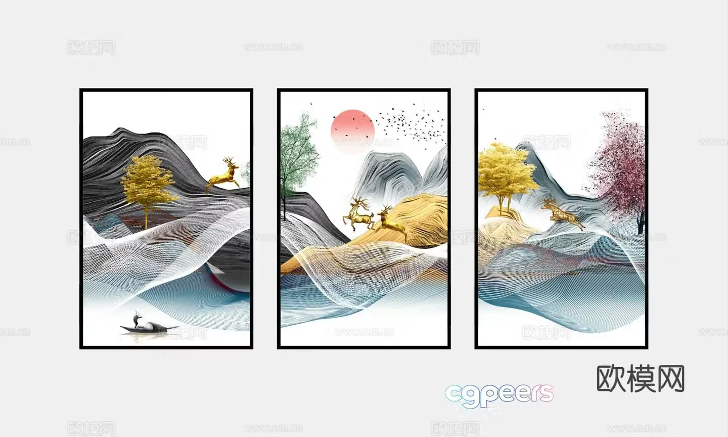 New Chinese style decorative painting art painting deer hanging painting 3d model