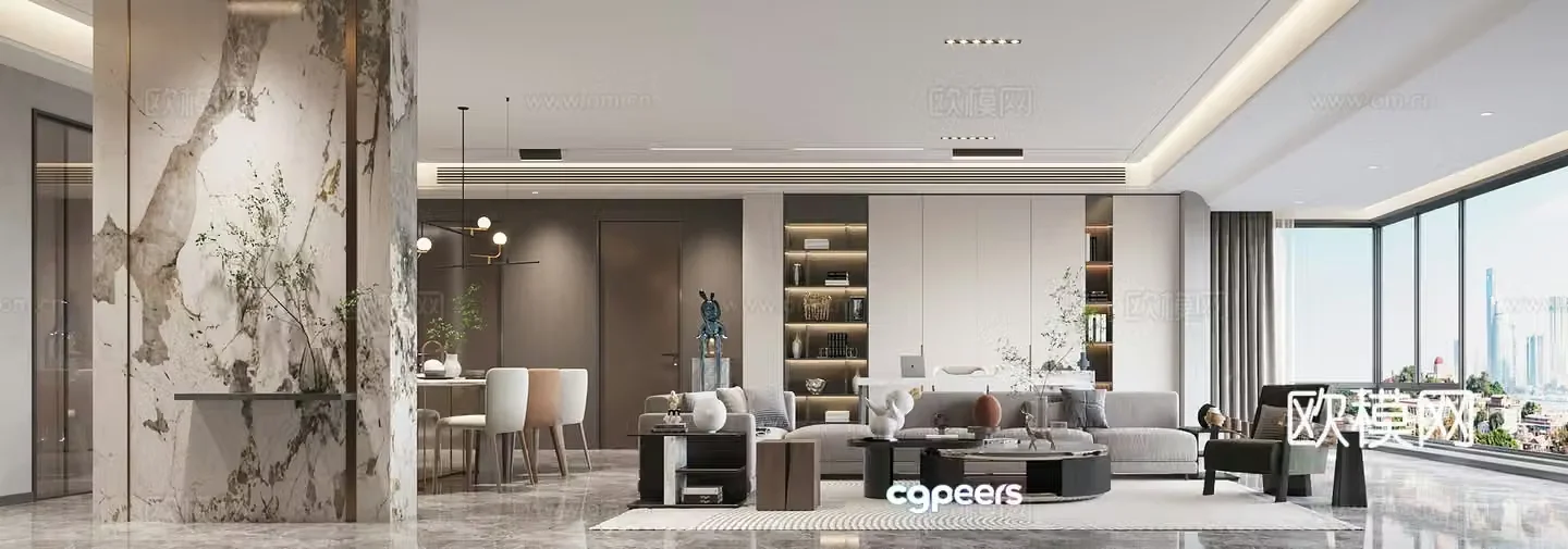 Modern living and dining room 3d model
