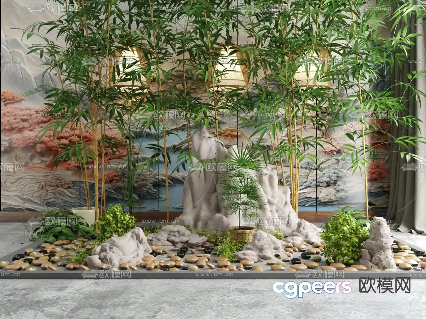 New Chinese style courtyard landscape sketch green bamboo rockery 3D model