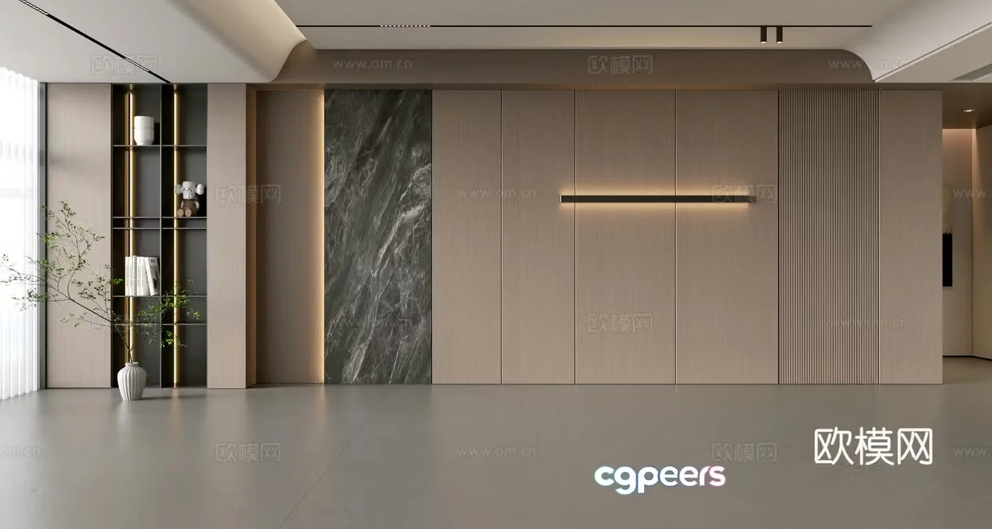Modern simple sofa background wall modern ornament balcony cabinet living room cabinet wood veneer background wall 3d model