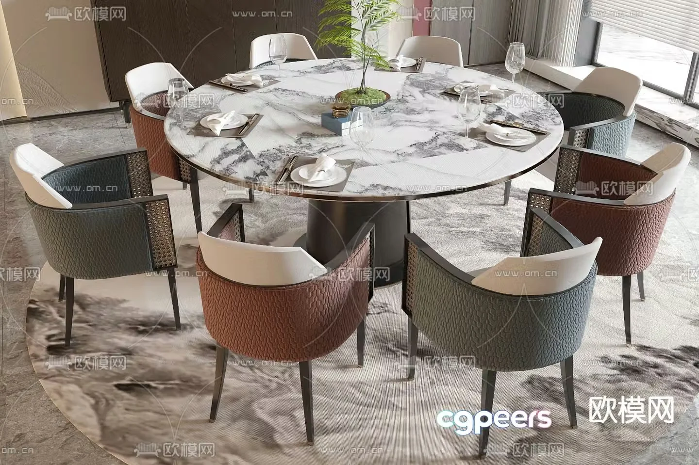 New Chinese style dining table and chairs round dining table 3d model
