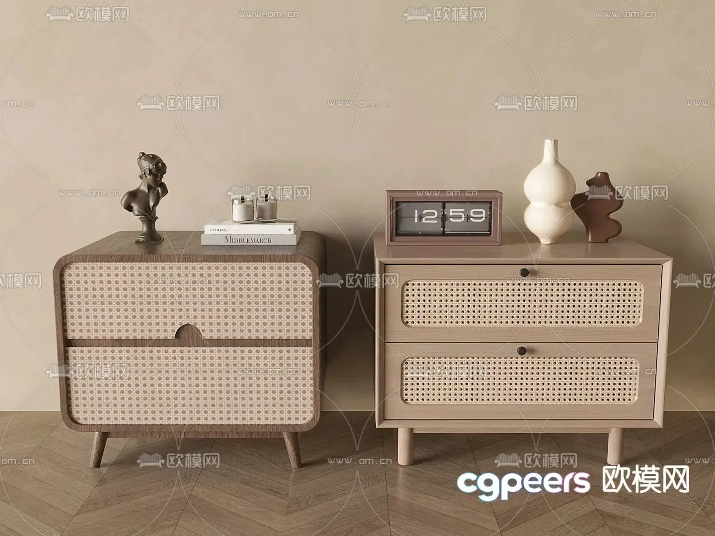 Wabi-sabi style rattan bedside table 3D model