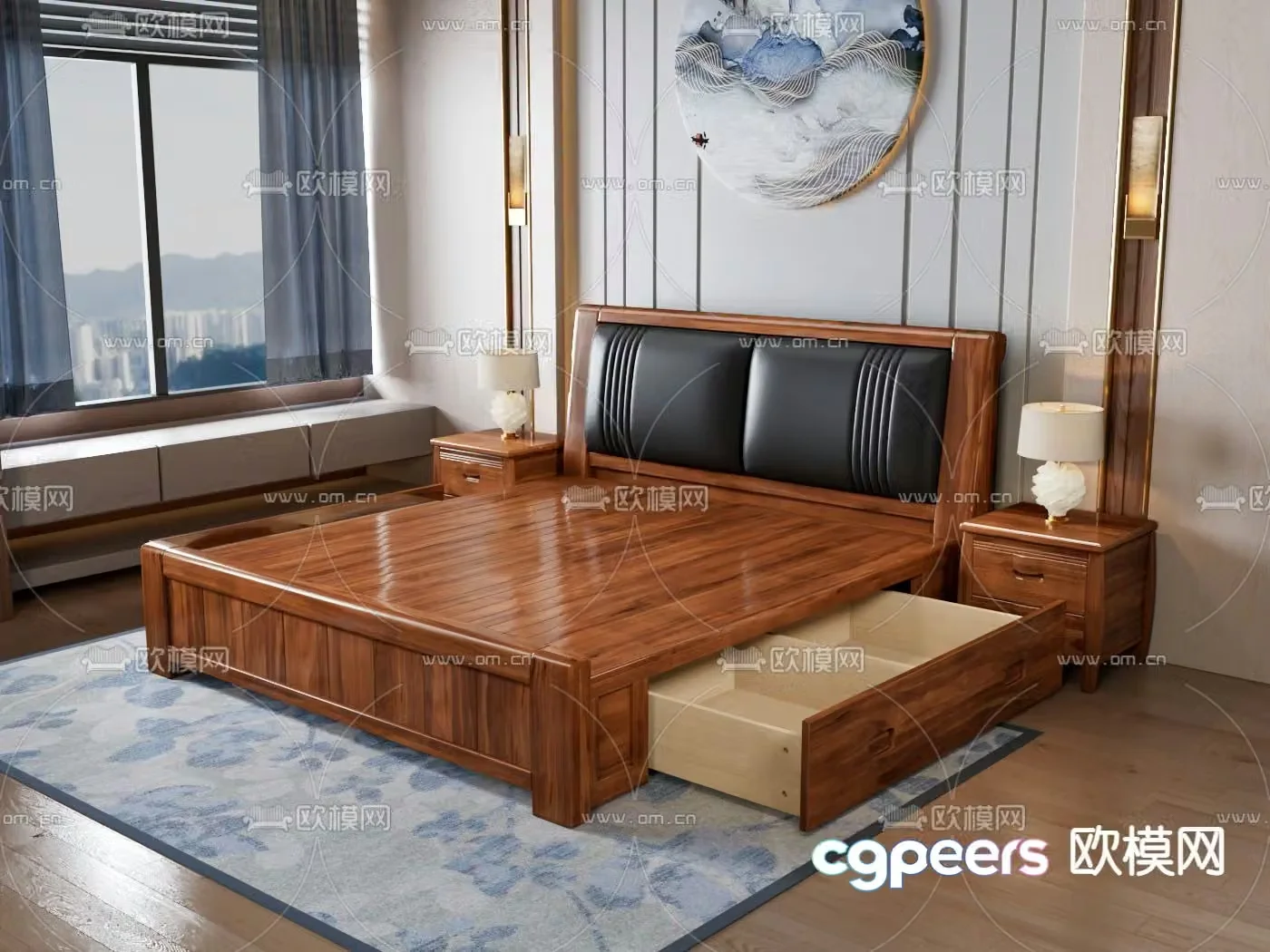 Solid wood double bed 3d model