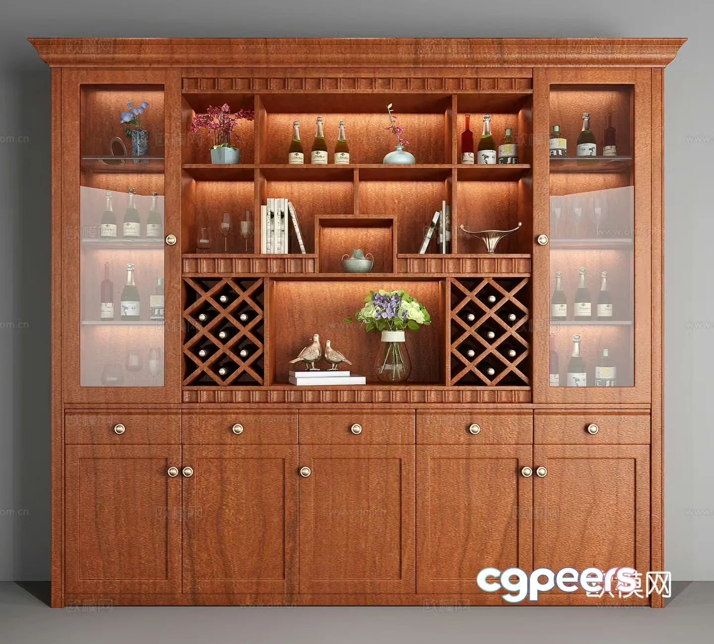 American solid wood wine cabinet 3D model
