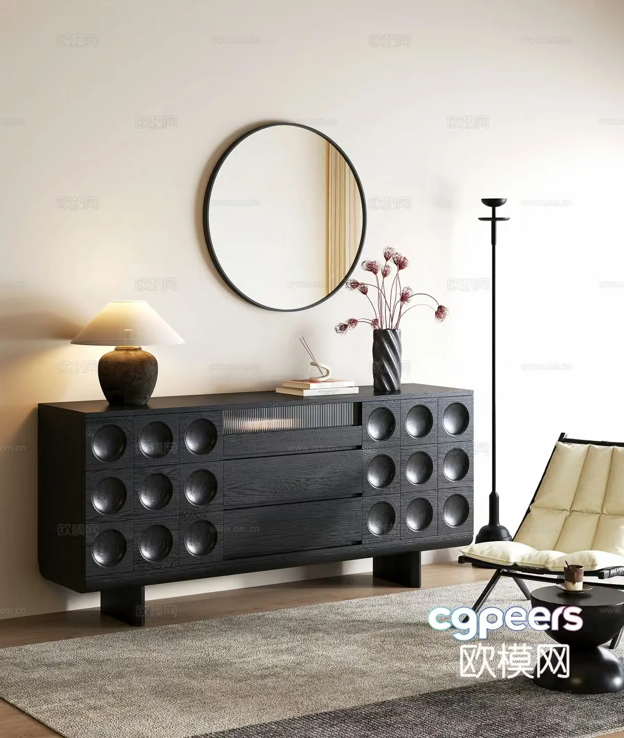 Modern medieval entrance cabinet end view entrance cabinet leisure chair desk lamp flower floor lamp 3D model